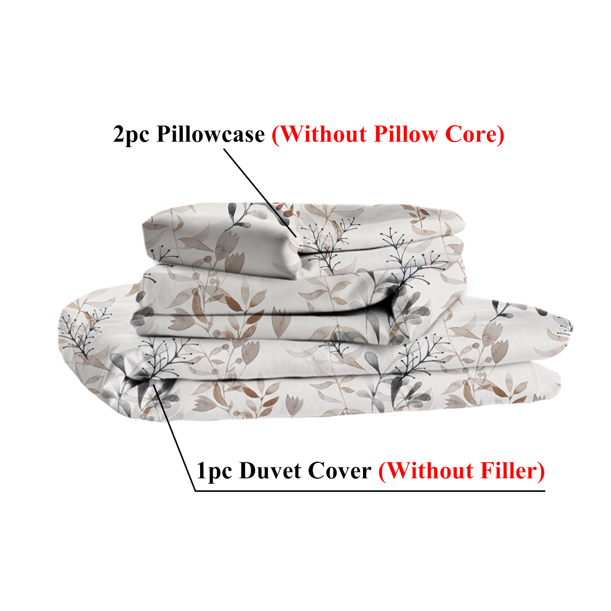 Grey 3 Pieces Grey Floral Duvet Cover Set, Botanical Bed In A Bag Brown Leaves Bedding Set Soft Microfiber 1 Bedding Set And 2 Pillow Shames