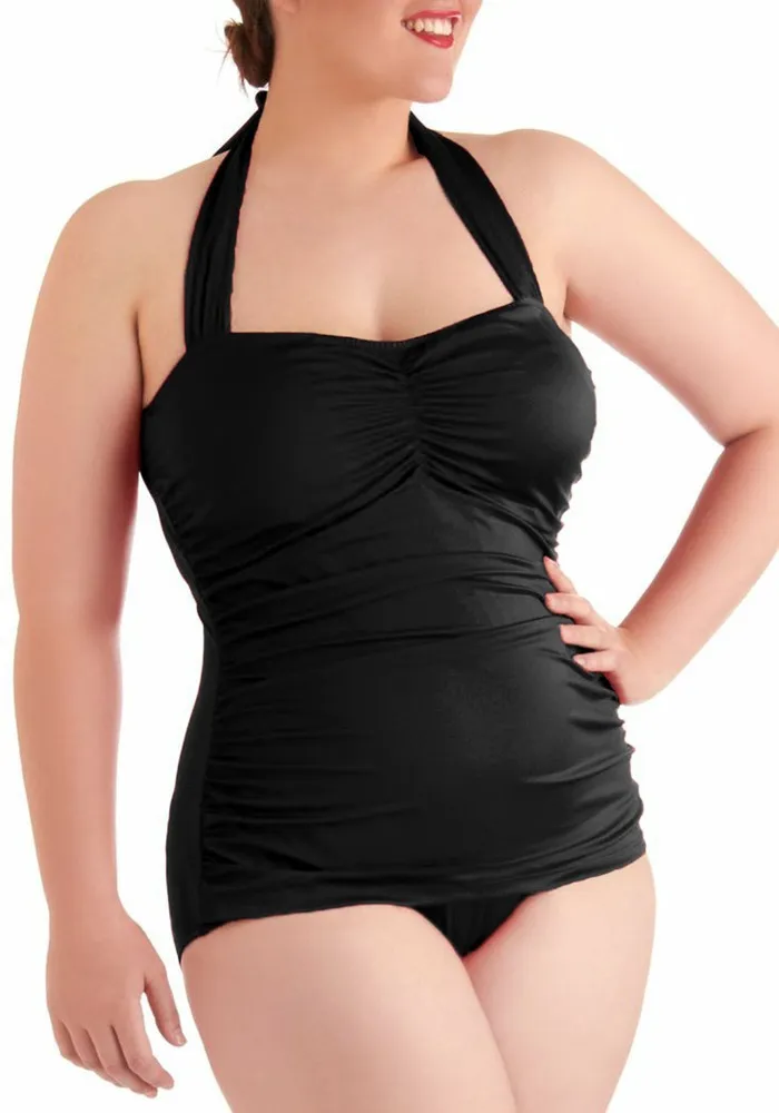 Women's Large Size One-piece Swimsuit Slimming Triangle Small Skirt Show Steel Support - Black