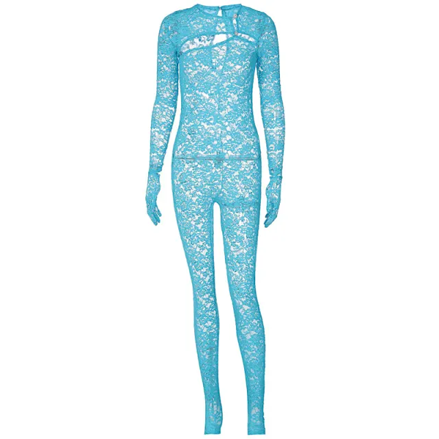 Women's New Fashion Cut out Slim Round Neck Long sleeved Jumpsuit Blue - Shop at LoveMi