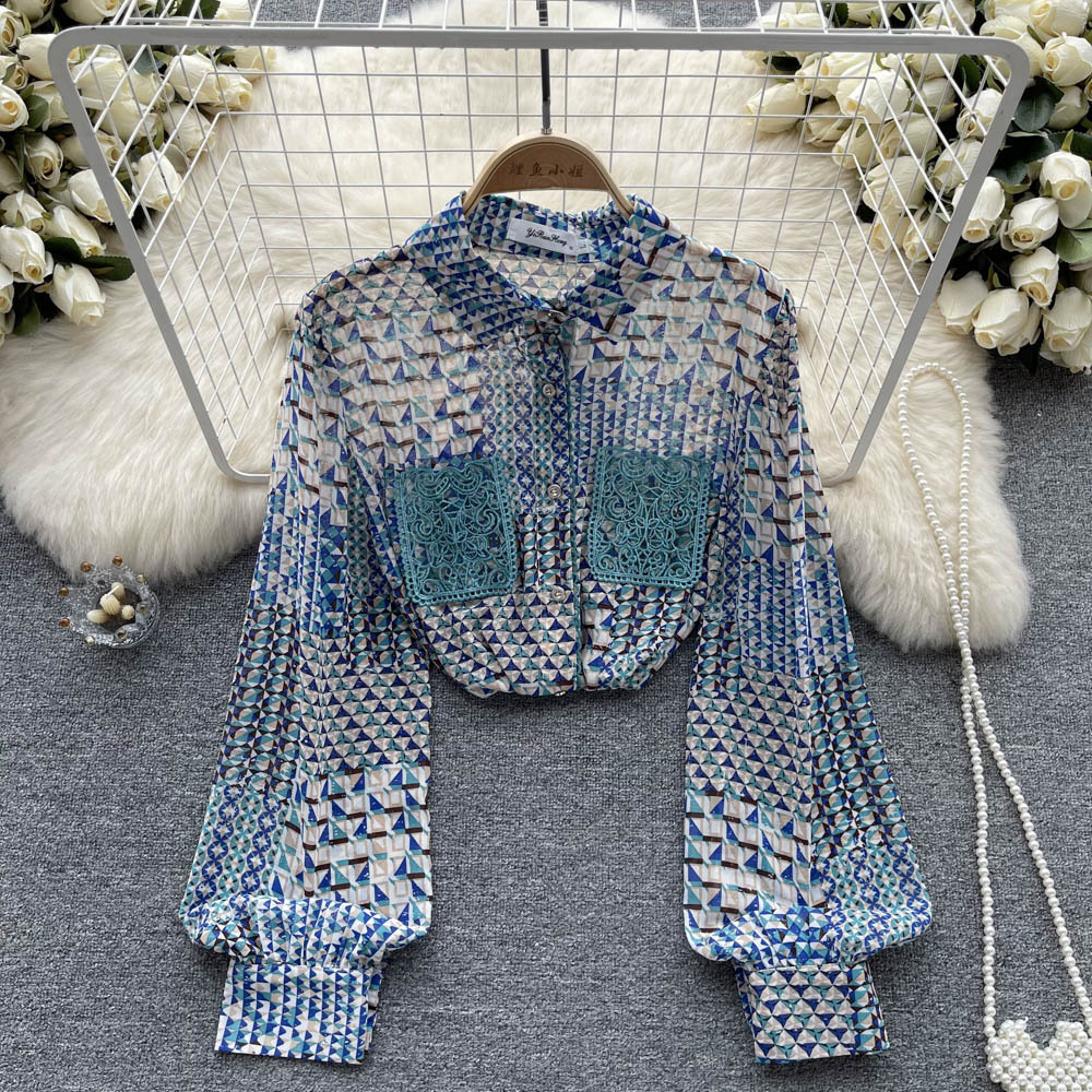 Printed Long Sleeve Chiffon Shirt Women's Early Autumn Dark Blue - Shop at LoveMi
