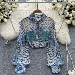 Printed Long Sleeve Chiffon Shirt Women's Early Autumn - Dark Blue - View 1