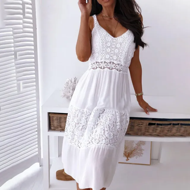 Bohemian Lace Trim Sleeveless Dress V Neck Sexy Cutout Summer Maxi Dress White - Shop at LoveMi