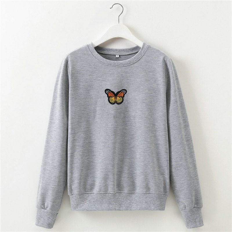 Butterfly Embroidery Cropped Short Long sleeved Sweater Grey - Shop at LoveMi
