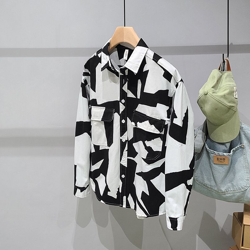 Men's Fashion Black And White Geometric Print Long Sleeve Shirt Jacket