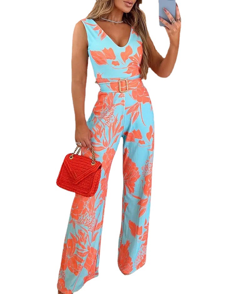 Women’s Printed V-Neck Sleeveless Slim Bodysuit