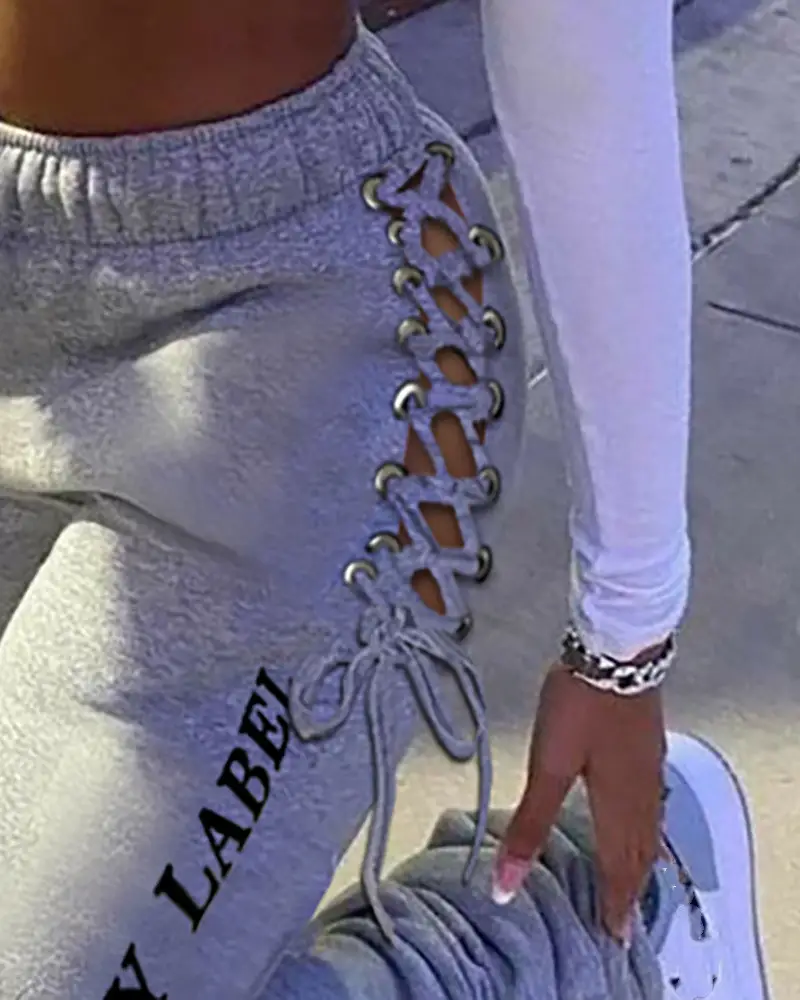 European And American Lace Up Print Pile Trousers