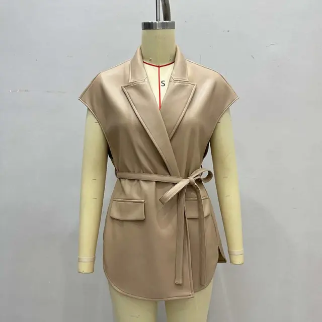 Women's Faux Leather Vest, Lapel Collar Sleeveless Casual Work Jacket With Belt Camel - Shop at LoveMi