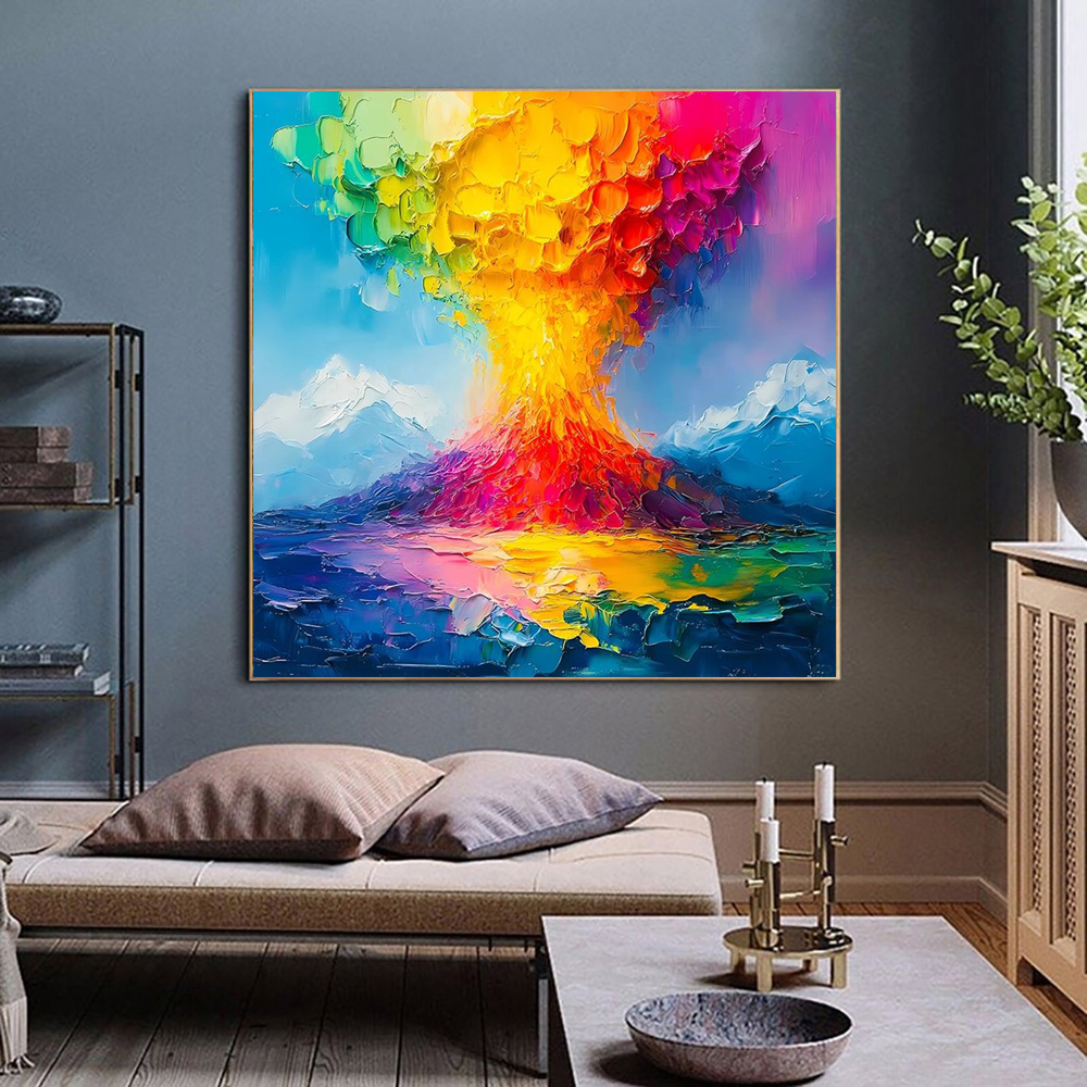 New Design Orange And Blue Volcano Knife Thick Canvas Artwork Handmade Oil Painting Volcanic Eruption Landscape Wall Decoration 6