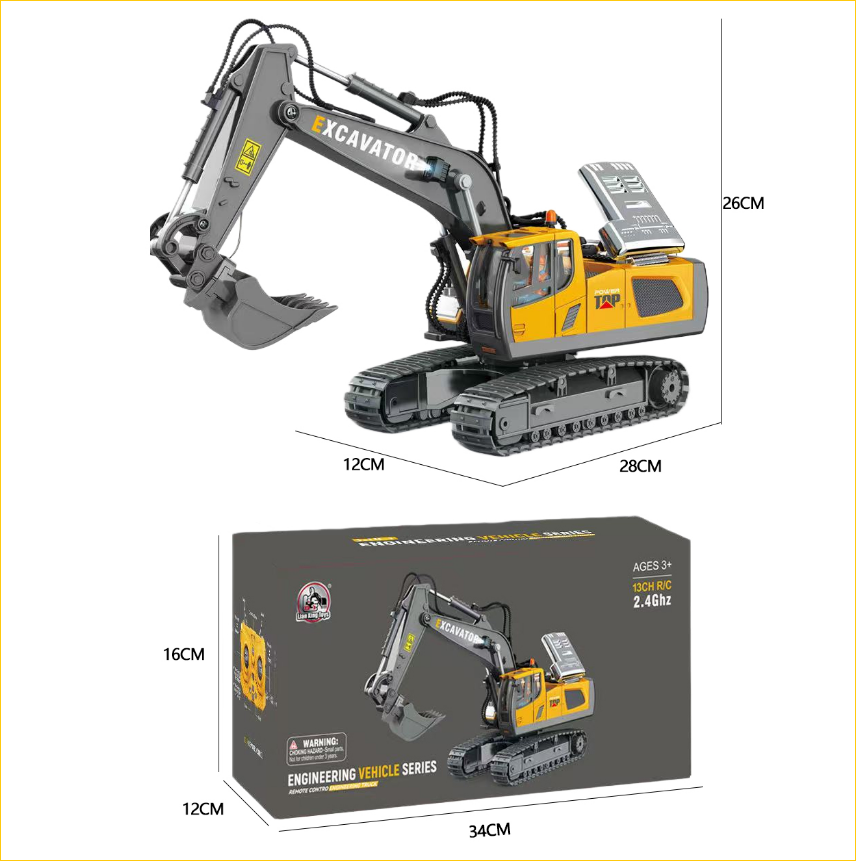 Three-in-one Aluminum Alloy Toy Excavator, 13 Channels, Comes With Three Replacement Heads. 1 24 High-reduction Simulation, LED Lights, Realistic Sound Effects, Can Run For 25-30 Minutes