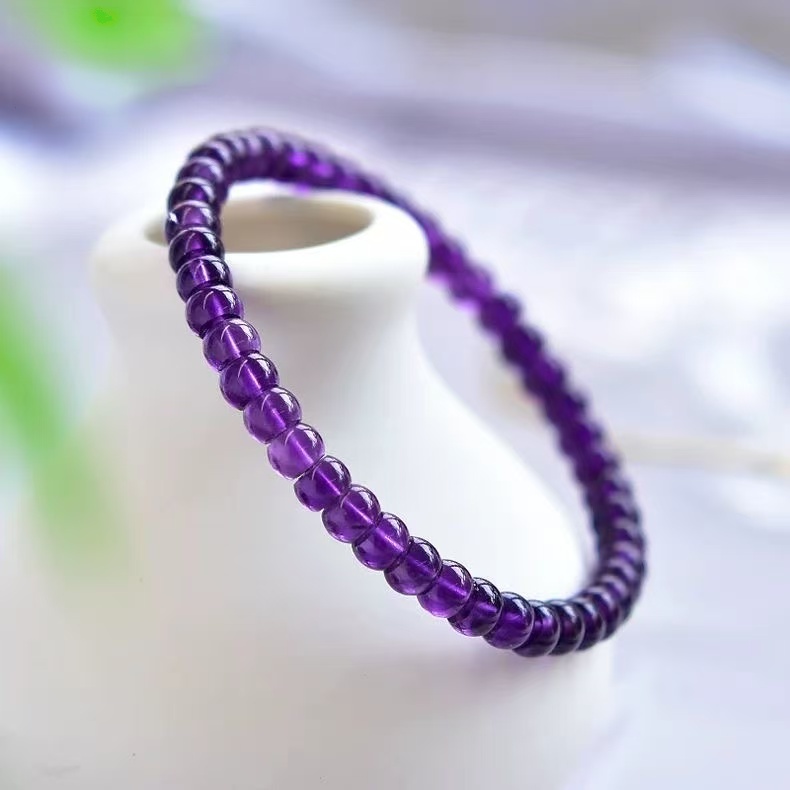 Natural Dark Amethyst Bracelet Uruguayan Amethyst Round Beaded Chain Unisex Energy Jewelry