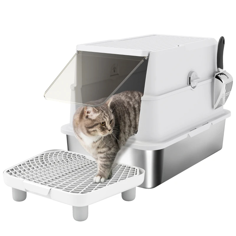 Extra Large Stainless Steel Cat Litter Box For Big Cats With Flip Cover, High-Sided Enclosure & Scoop