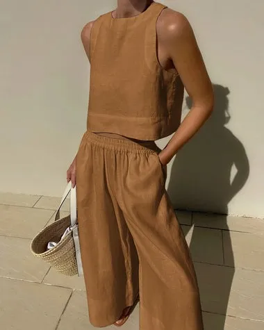 Loose Solid Color Sleeveless Shirt And Trousers Two piece Set Orange - Shop at LoveMi