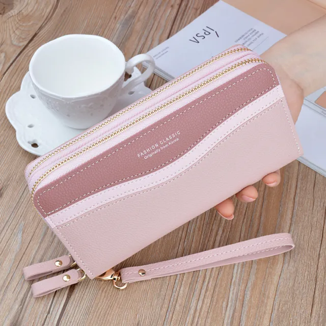 Ladies Long Double Zipper Contrasting Color Large Capacity Clutch Pink - Shop at LoveMi