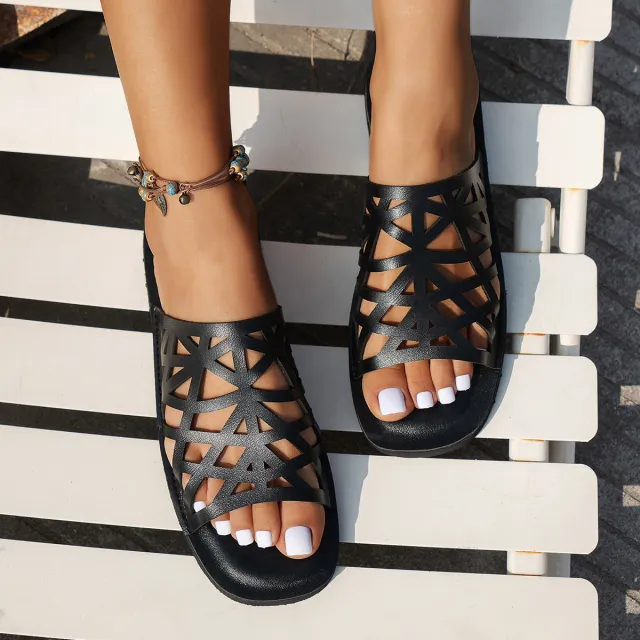 Irregular Hollow Sandals Ethnic Style Square Toe Slides Slippers Summer Fashion Outdoor Flat Shoes For Women Black - Shop at LoveMi