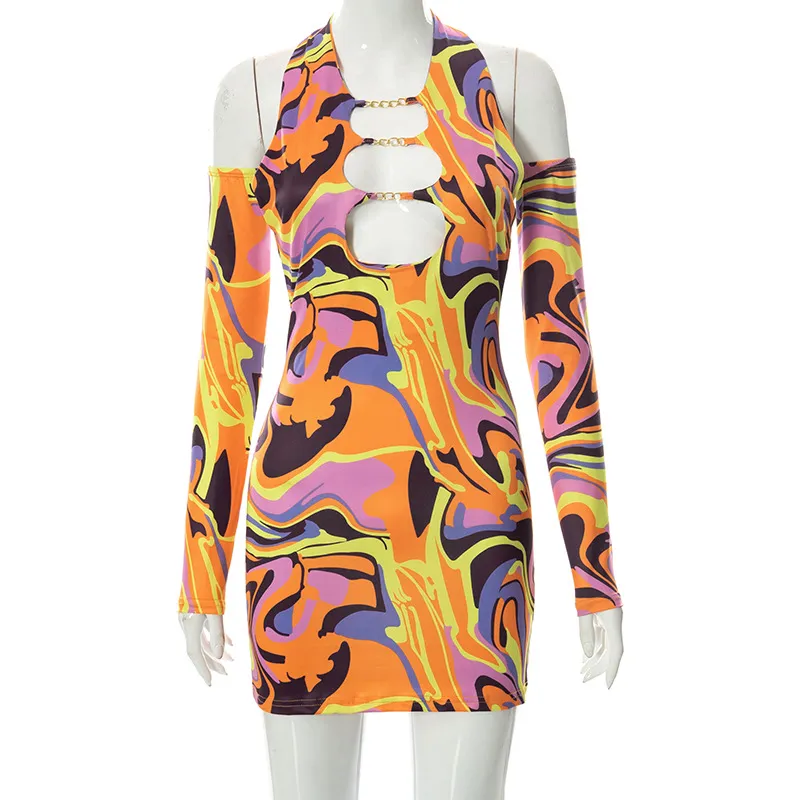 Women's Halter Metal Cutout Backless Dress - Multicolor Printing Sleeves