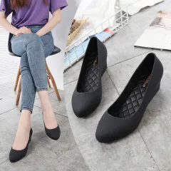 Women's Mid-heel Toe Waterproof Rubber Non-slip Flat Pumps - Black - View 1