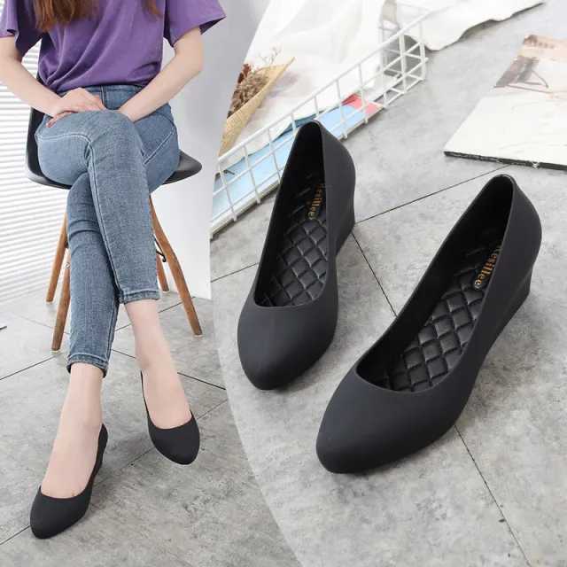 Women's Mid heel Toe Waterproof Rubber Non slip Flat Pumps Black - Shop at LoveMi