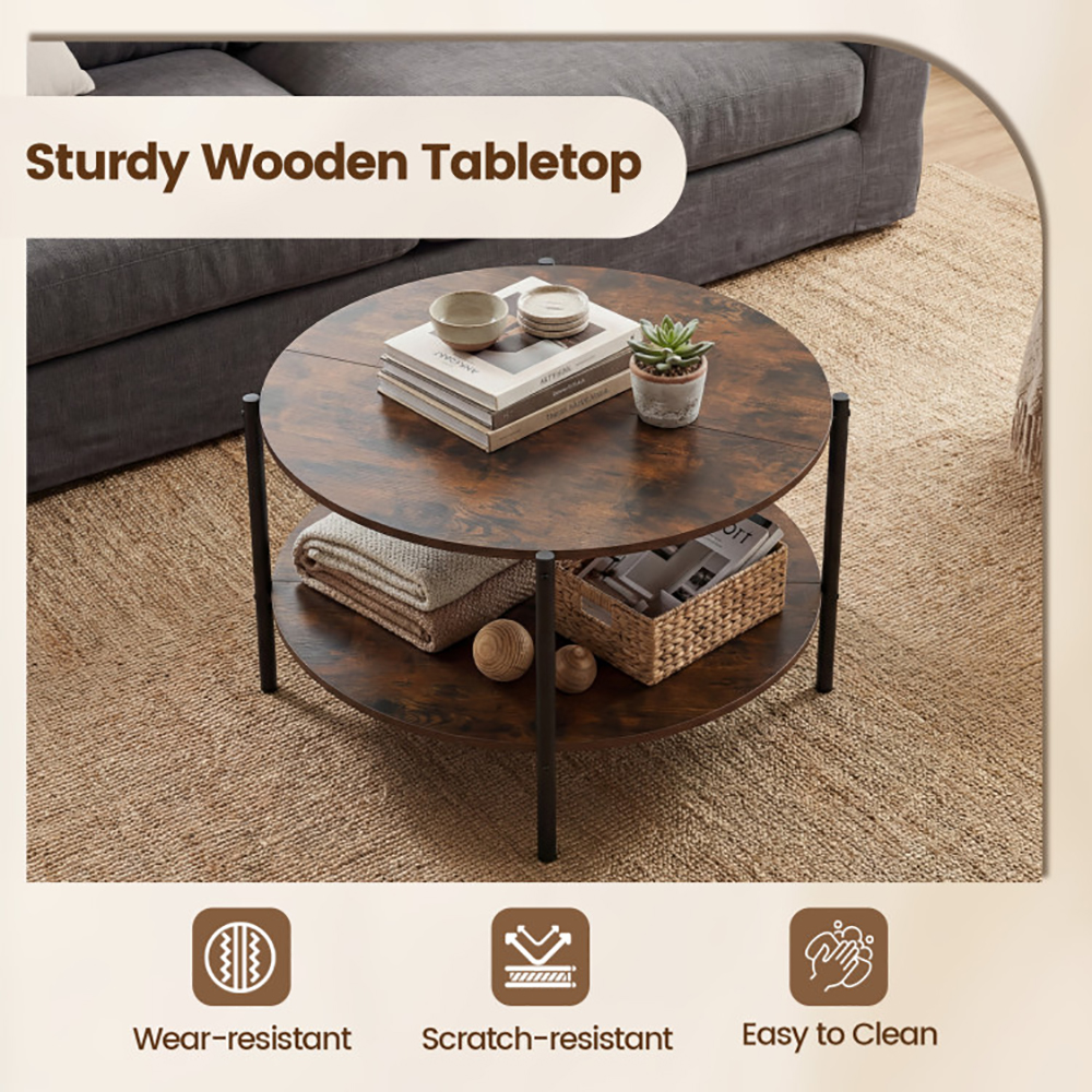 Round Coffee Table 2-Tier Industrial Accent Table With Open Storage Shelf With Adjustable Foot Pads For Apartments And Compact Spaces