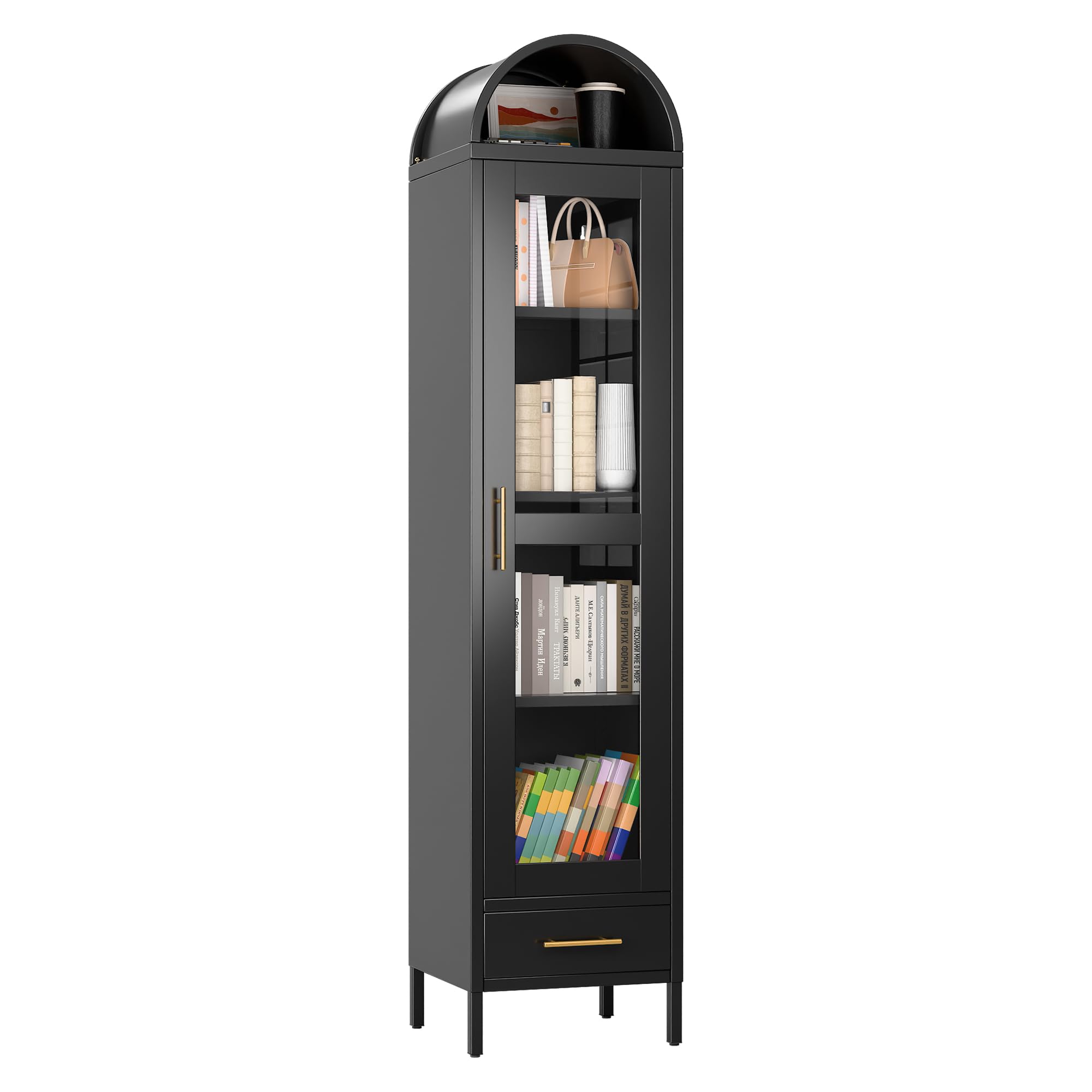 73''H Metal Arched Bookcase Cabinet, Arch Display Storage Cabinet With Glass Doors & Shelves And 1Drawer For Living Room, Kitchens,Office, Black, Assembly Required