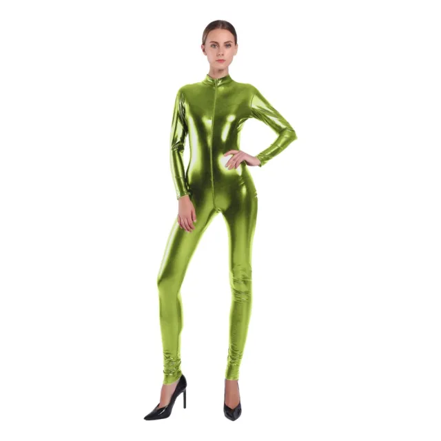 Women's Rubberized Faux Leather Shiny Bodysuit Green - Shop at LoveMi