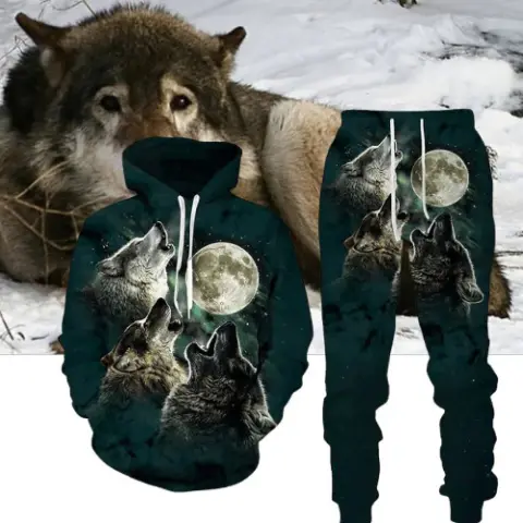 Digital Wolf Pattern Hoodie Sweater Pants Suit for Men