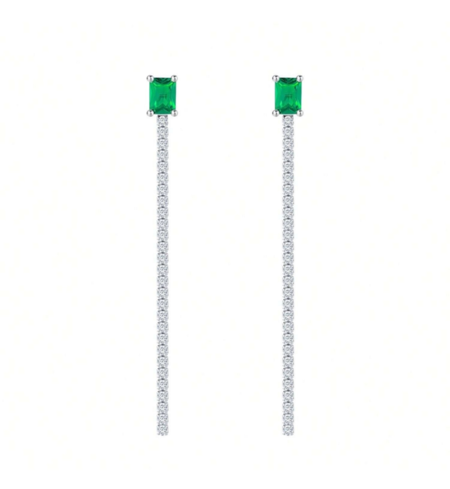 S925 Sterling Silver Lab-Grown Emerald Drop Earrings, 7x5mm Square Cut With Pave Chain, Platinum Plated 4.2g Women's Jewelry Gift Box