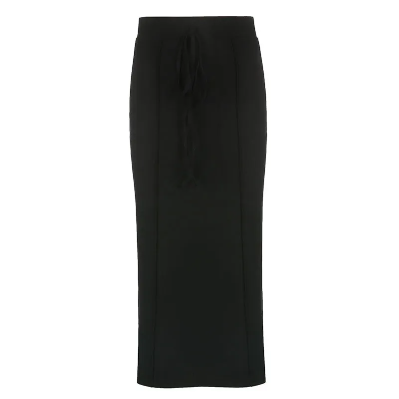 Elastic Waistband A-line Long Knitted Skirt - Black