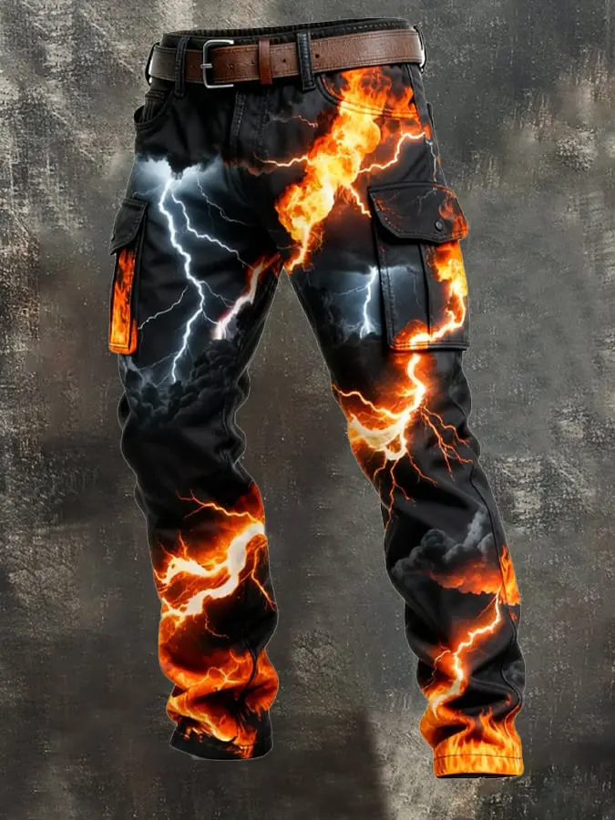 Cool Fire Lightning Thunder Print Men Cargo