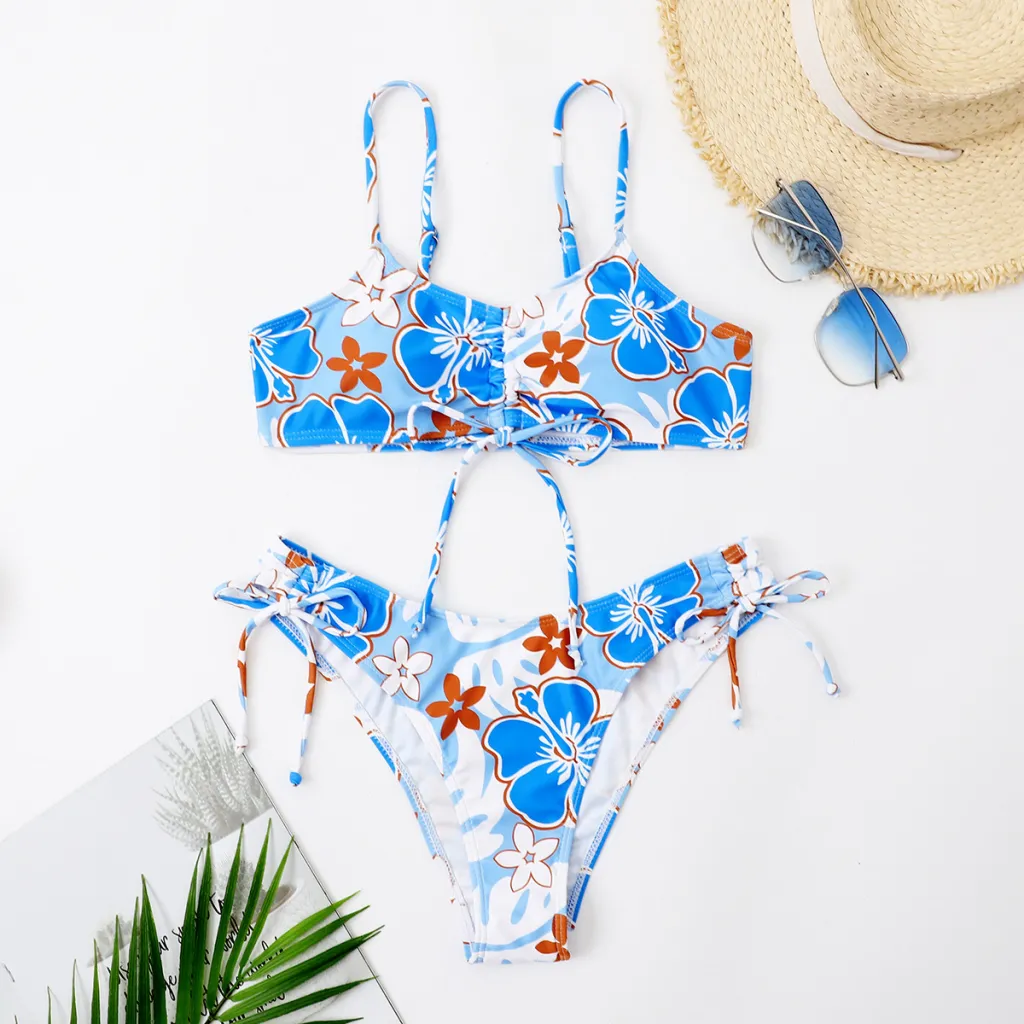 Ladies Printed Lace-Up Split Swimsuit Bikini - Blue