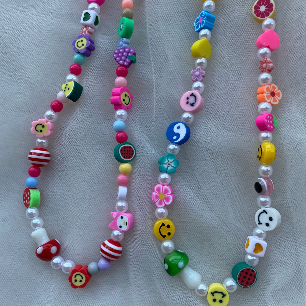 Soft Ceramic Pearl Smiley Face Mushroom Beaded Necklace