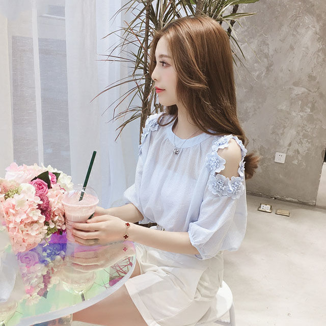 Summer Women's Loose Strapless Three-dimensional Flower Chiffon Shirt