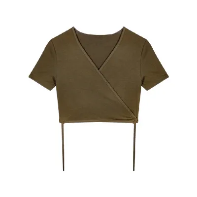 High Waist Short Cropped Navel Design Style V neck Black Short sleeved T shirt Green - Shop at LoveMi