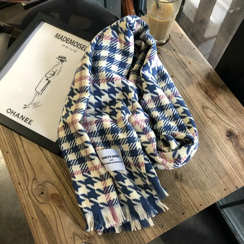 Thousand-bird Check Long Knit Scarf - Blue