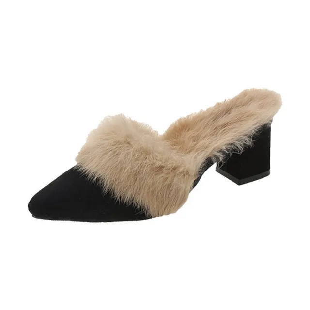 Women's Autumn Winter New Fashion Casual Pointed toe Coarse heeled Slippers Black - Shop at LoveMi