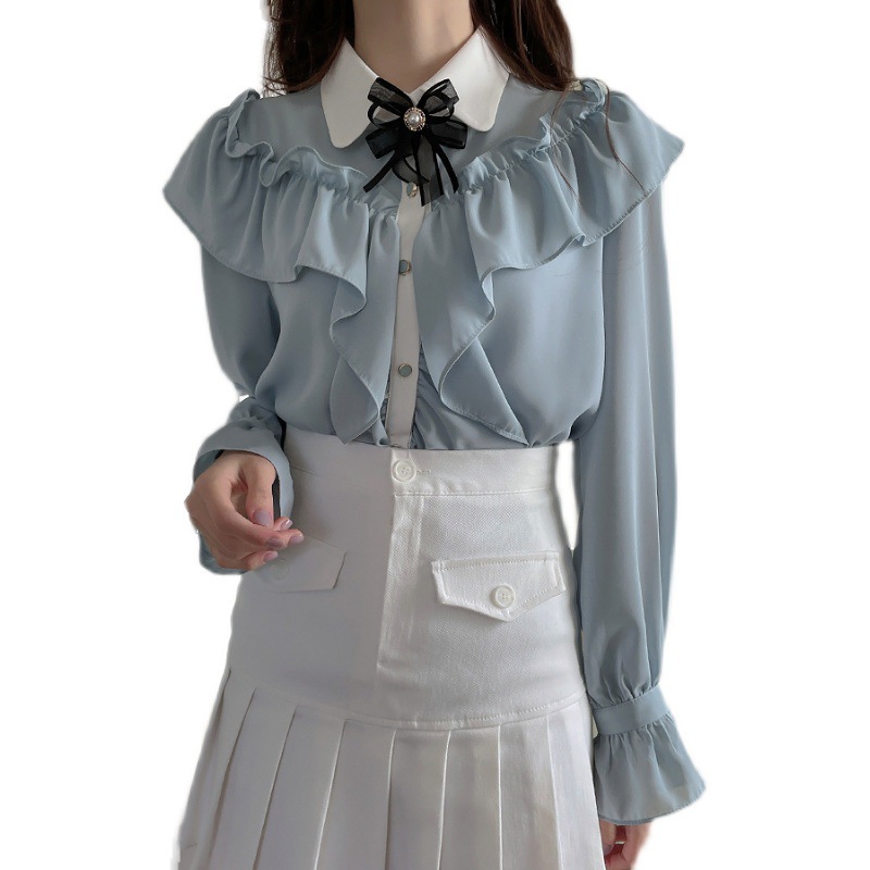 Title 2, Bowknot Solid Color Ruffled Long-sleeved Shirt