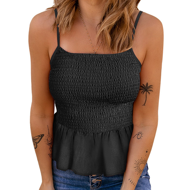 European And American Floral Vest Tops Waist Slim Sleeveless Camisole Black - Shop at LoveMi