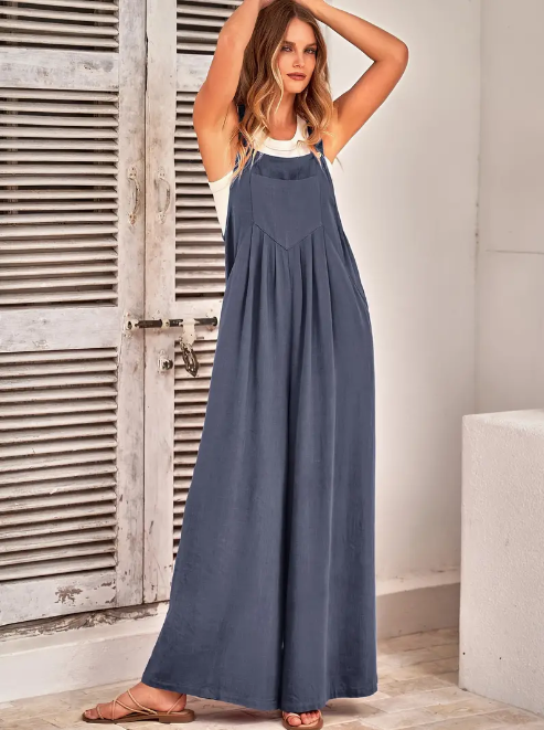 Solid Ruched Sleeveless Overall Jumpsuit, Casual Button Decor With Pockets Overall Jumpsuit For Spring & Summer, Women's Clothing