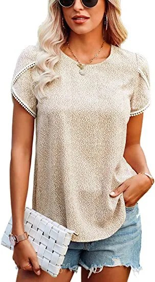Women's Top Casual Floral Print Lace Crochet Short Sleeves Apricot - Shop at LoveMi