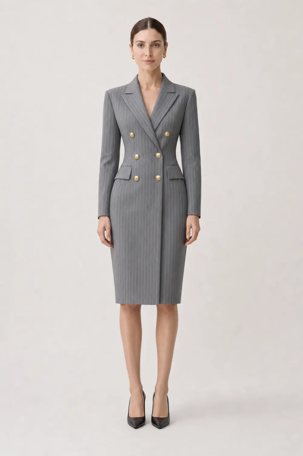 Grey Pinstripe Double-Breasted Blazer Midi Dress