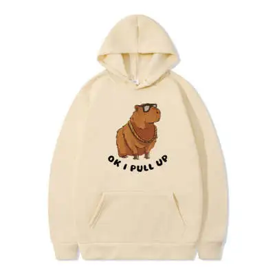 Capybara Hoodie Korean Style Loose Hooded Sweater Cute Print Khaki - Shop at LoveMi