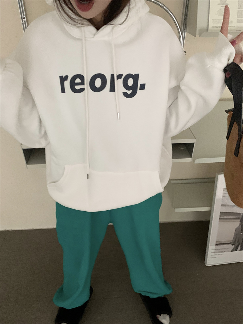 Letter Loose Wild Hooded Thick Plus Velvet Sweater