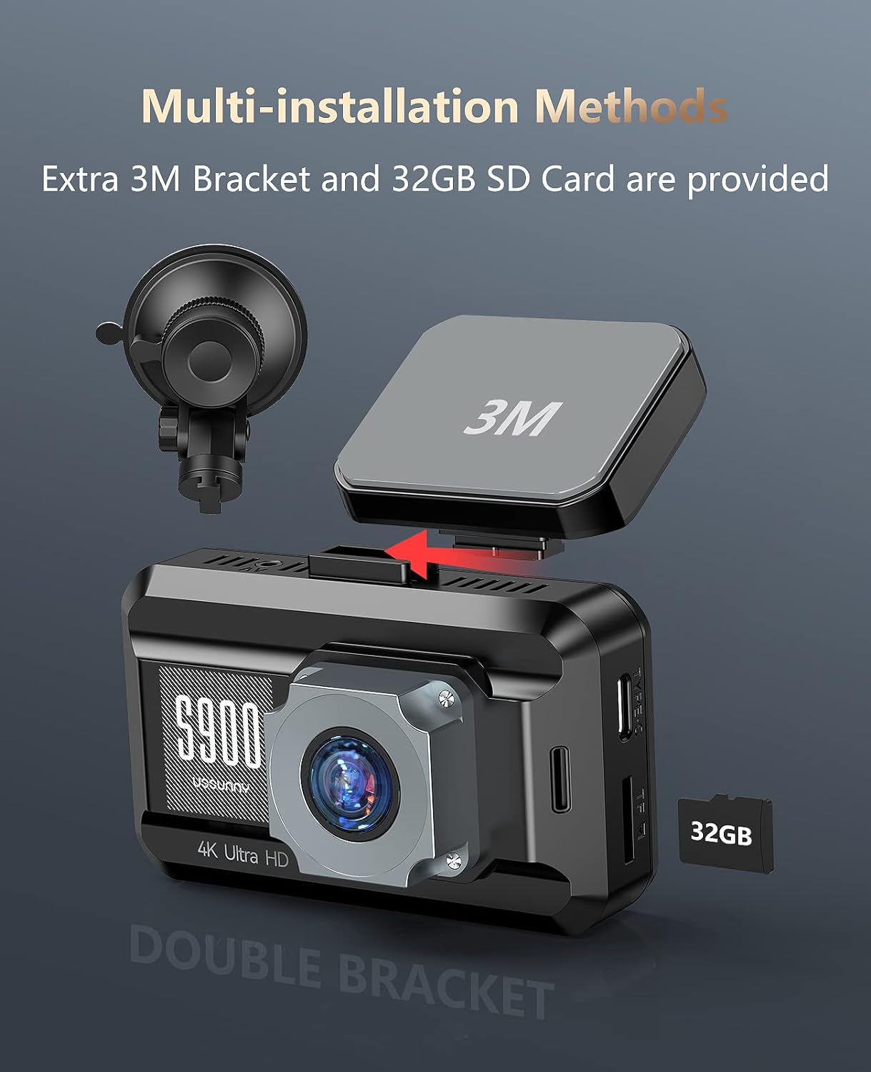 Ussunny Dual Dash Camera 4K Front 1080P Rear.