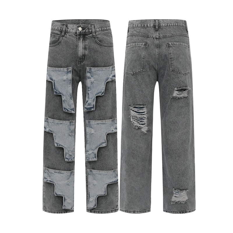 Street Dark Goth Style Washed Patch Ripped Jeans