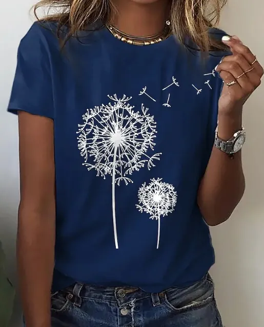 Women's Patchwork Crew Neck Pullover Print Loose T Shirt Dark Blue - Shop at LoveMi