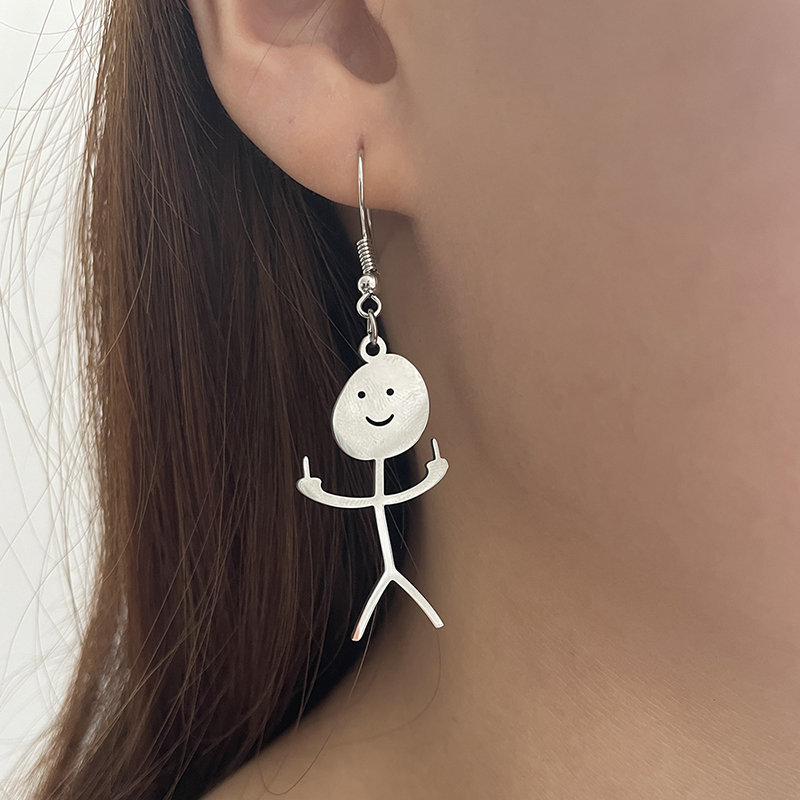 Funny Doodle Dangle Earrings Smiley Stick Figure Hand Gesture Middle Finger Statement Earrings For Women