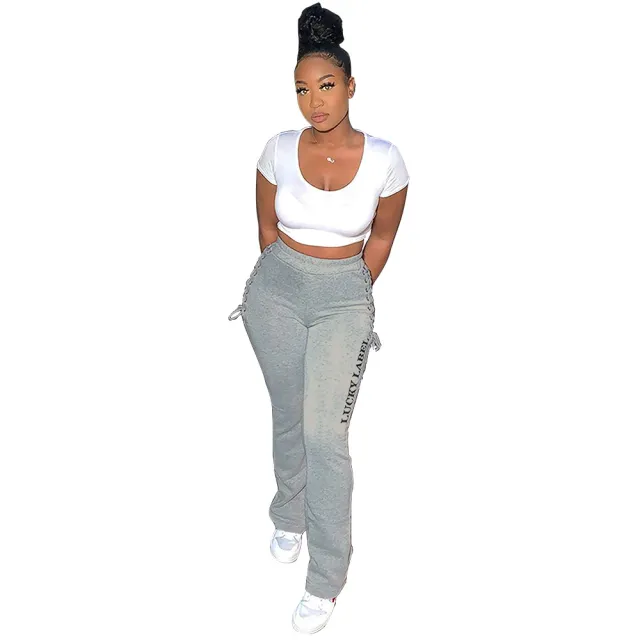 Women's Solid Color Side Eyelet Casual Pants Grey - Shop at LoveMi