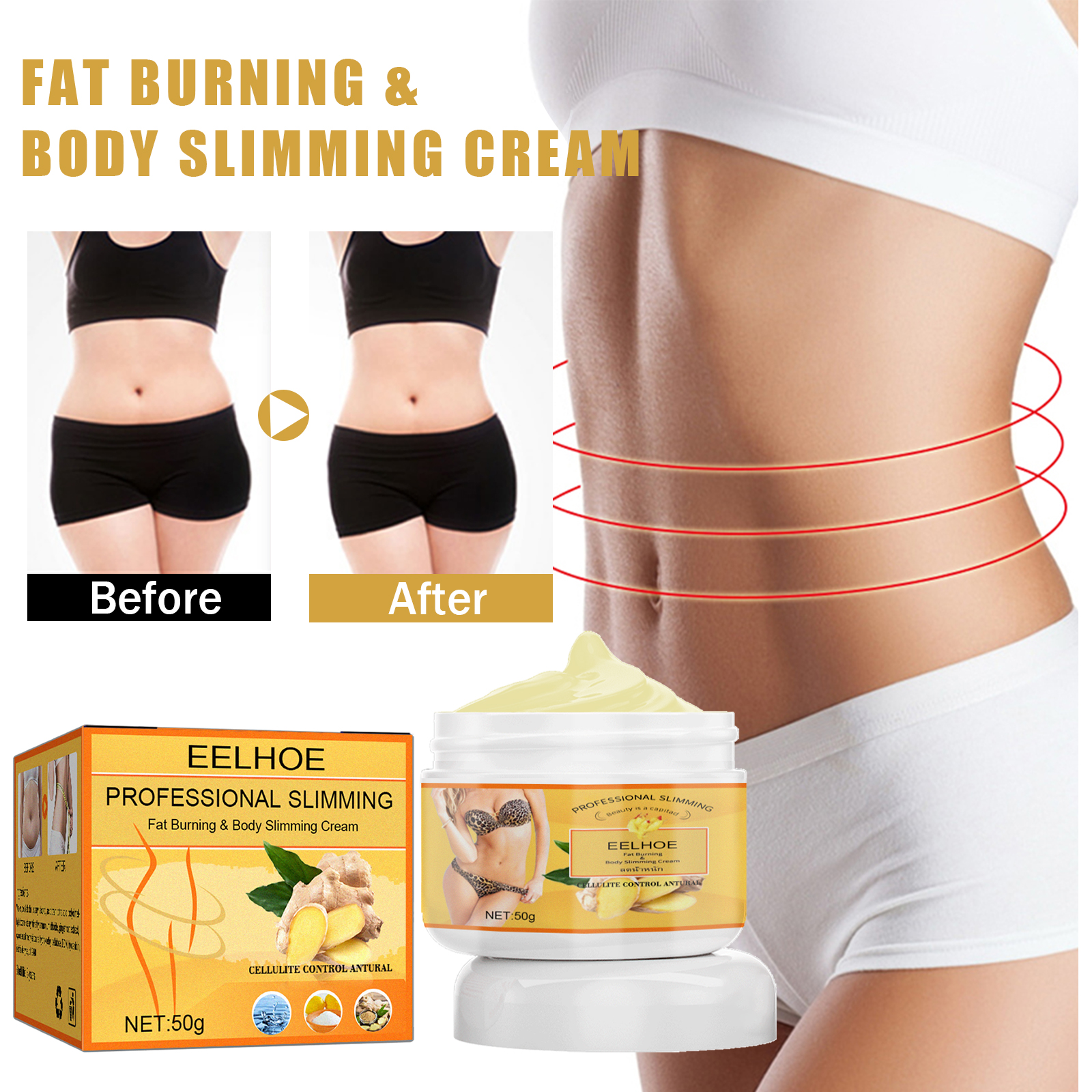 Ginger Slimming Body Cream, Anti-Cellulite Firming Fat Burning Massage Lotion For Shaping Waist, Belly, Thighs, 50g — foto 8