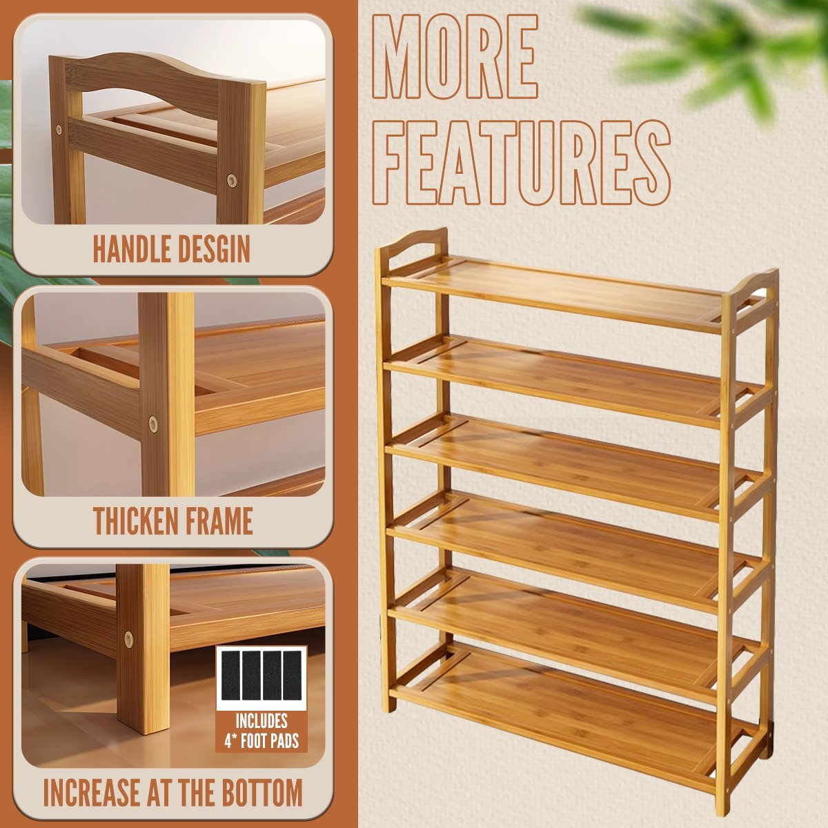 6-story Bamboo Shoe Rack 107 X67 X 24cm - UK