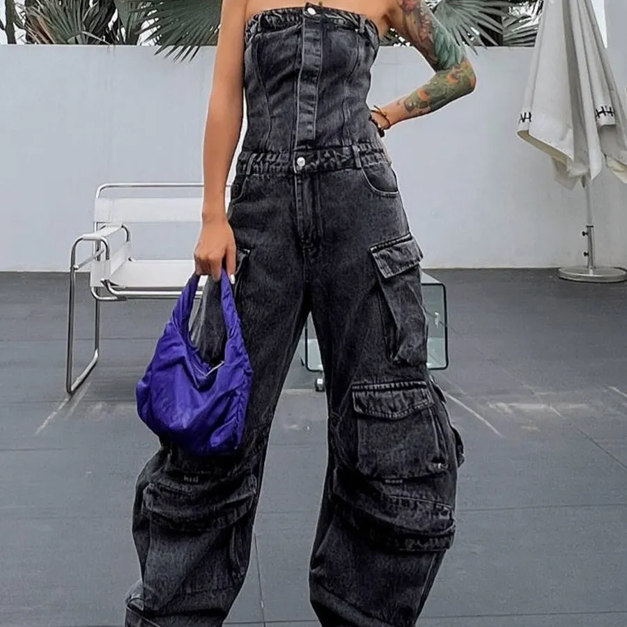 Tube Top Cinched Waist Body Pants - Dark Gray