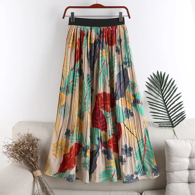 Floral Floral Skirt Female High Waist Slimming A line Chiffon Printed Pleated Skirt Mid length Apricot - Shop at LoveMi